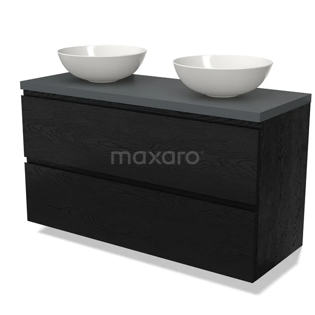 Zwarte badkamermeubelset met dubbel wasblad, witte ronde opzetkommen en houtlook afwerking, ideaal voor moderne badkamers.