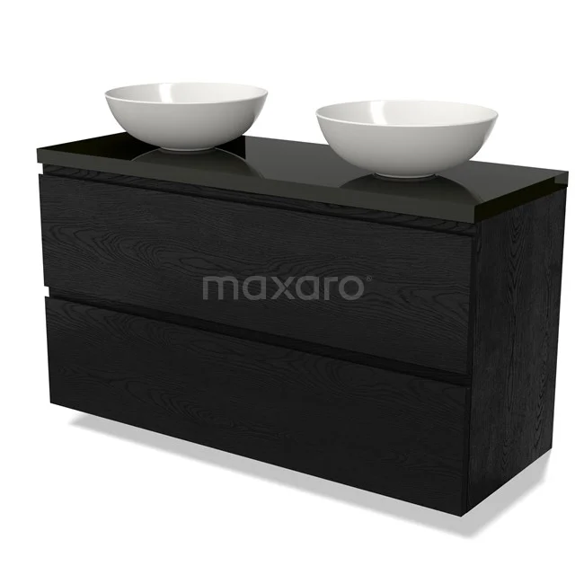 Zwarte wastafelonderkast met twee witte kommen, strak design, ideaal voor een moderne badkamer.