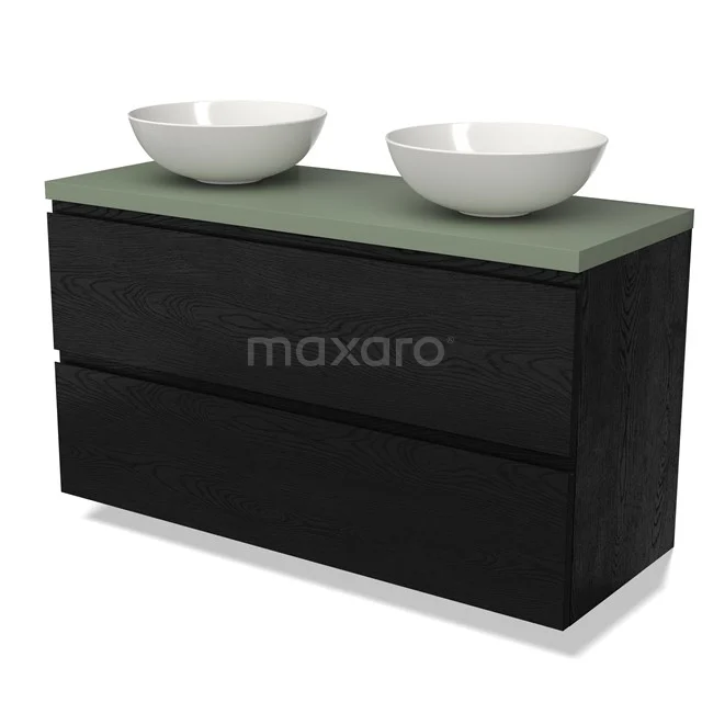 Zwart badkamermeubel met dubbele wasbak, groene natuurstenen top en moderne uitstraling. Perfect voor een eigentijdse badkamer.
