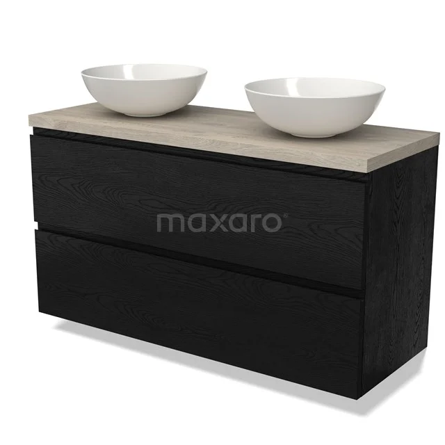 Black bathroom furniture set with two white basin bowls and a wood-look worktop, ideal for a modern bathroom style.