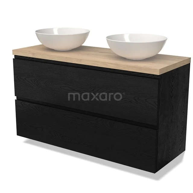 Zwart houten badkamermeubel met 2 lades, houtkleurig blad en 2 witte waskommen, perfect voor moderne badkamers.