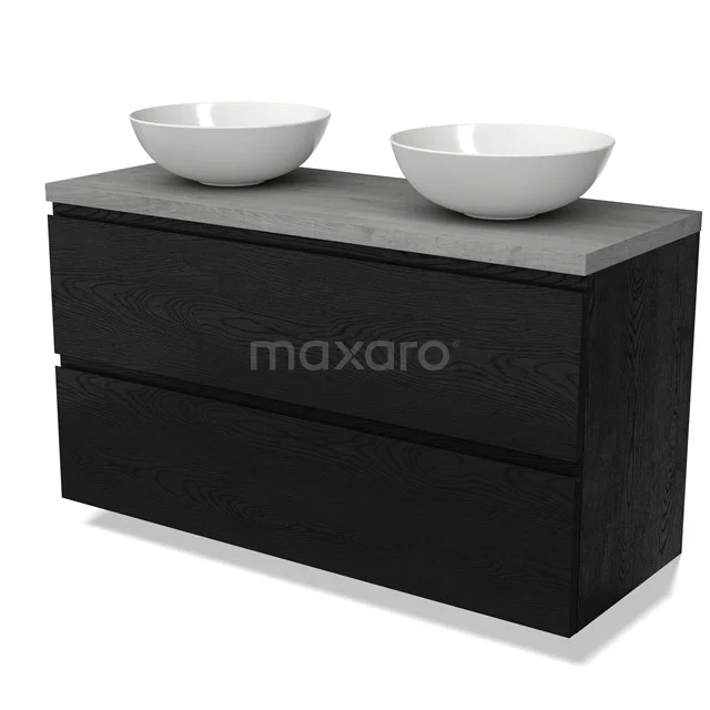 Zwart eiken badkamermeubel met betonnen blad en twee ronde witte waskommen, modern design.