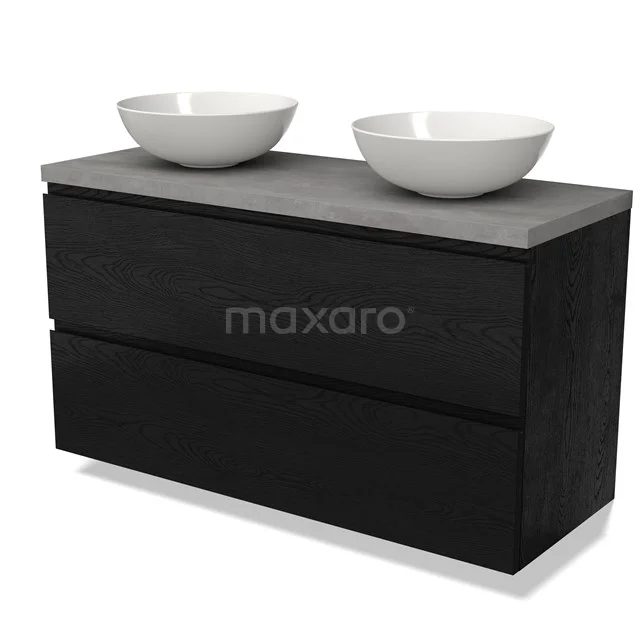 Zwarte houten badkamermeubel met twee witte waskommen, betonnen blad en moderne vormgeving. Perfect voor eigentijdse badkamers.