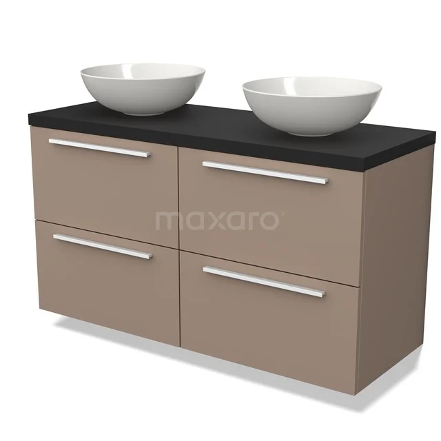 Beige badkamermeubel met dubbele waskommen, zwarte bovenplaat en metalen grepen, modern design en ruime opberglades.