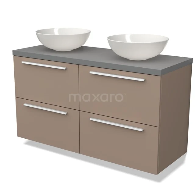 Beige badmeubel met 4 lades, grijze wastafelblad en 2 witte waskommen; stijlvol ontwerp voor moderne badkamers.