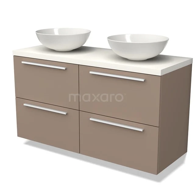 Bruine dubbele wastafel met witte kommen, moderne ladekast voor badkamer, strak ontwerp met metalen handgrepen.