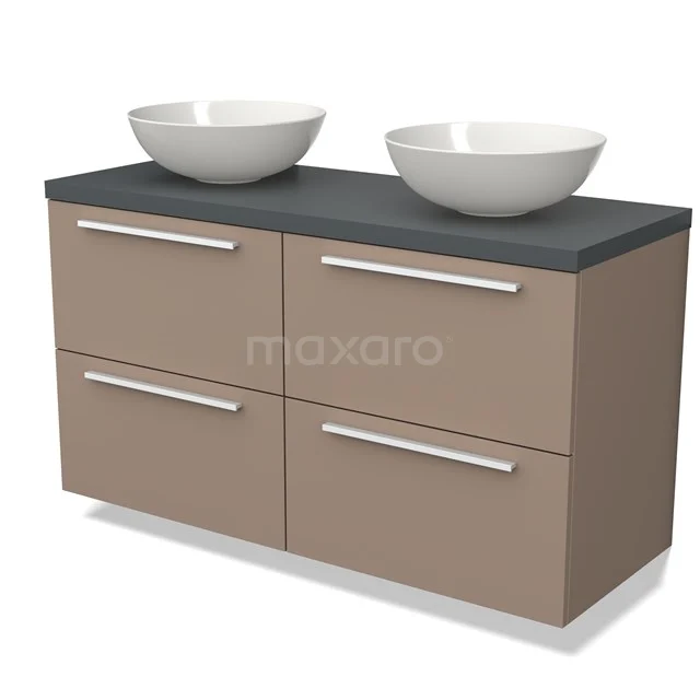 Tweepersoons wastafelmeubel in taupe met keramische waskommen, vier lades en donkergrijze bovenblad, ideaal voor moderne badkamers.