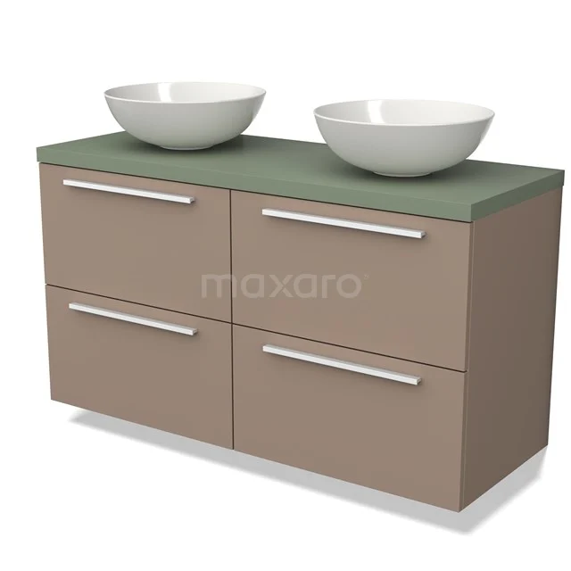 Beige badkamermeubel met vier lades, groene wastafelblad en twee witte ronde waskommen, modern design.