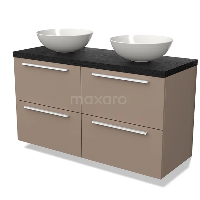 Beige badkamermeubel met zwart houten blad, dubbele keramische wastafels en 4 lades, ideaal voor moderne badkamers.