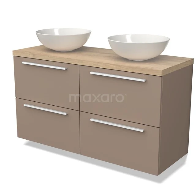 Beige badkamermeubel met houten blad, vier lades en twee witte opbouw wastafels, perfect voor een moderne badkamerstijl.