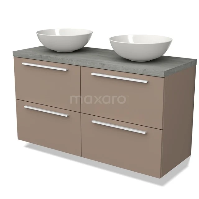 Modern badmeubel taupe met betonnen blad, dubbele witte waskommen, vier lades en strak design voor stijlvolle badkamer inrichting.