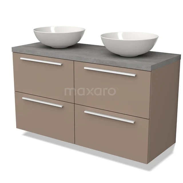 Beige Badmöbel mit vier Schubladen, doppelten Aufsatzwaschbecken und einer modernen Betonlook-Platte, ideal für stilvolle Bäder.