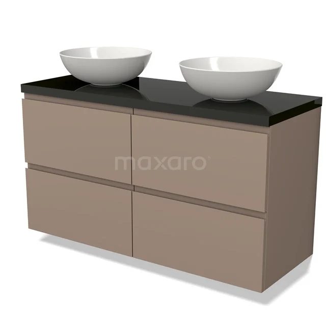 Beige badkamermeubel met zwarte bovenblad en twee witte ronde waskommen, modern design en ruime opberglades.