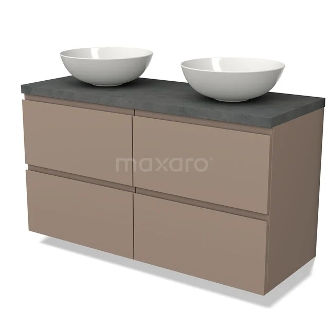 Beige badkamermeubel met mat afwerking en dubbele wastafel, grijs composiet blad, moderne look, ideaal voor strakke badkamers.