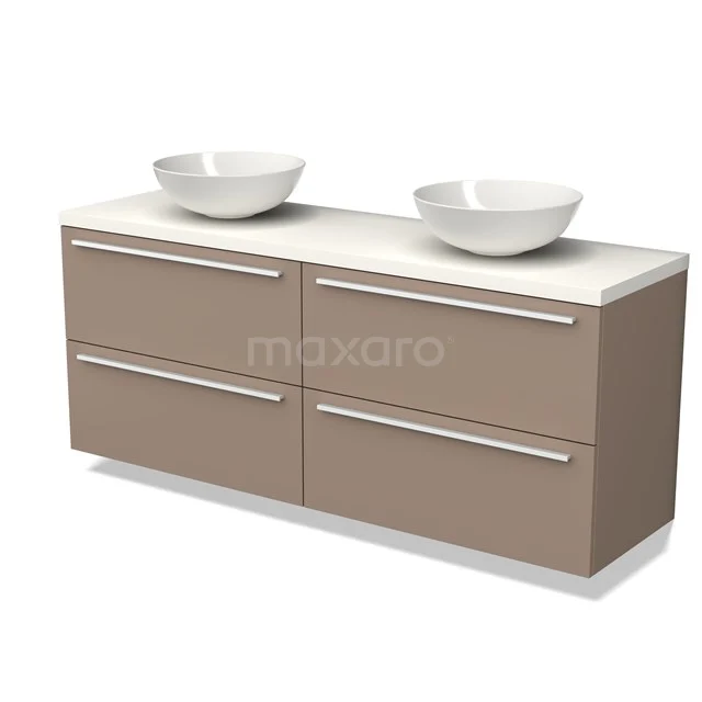 Beige badkamermeubel met 4 lades, witte wastafelbladen en dubbele ronde waskommen voor een stijlvolle badkamerinrichting.
