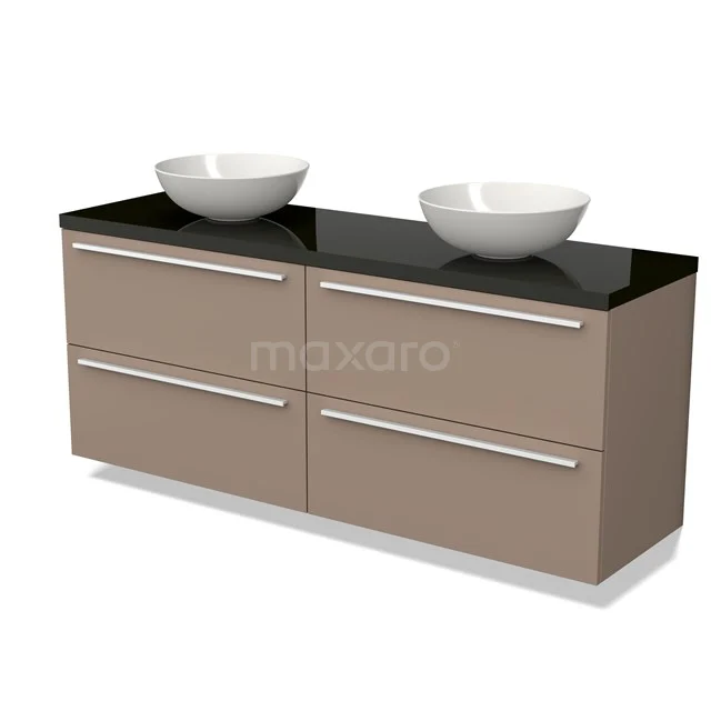 Beige badkamermeubel met zwart glazen blad, dubbele waskommen en vier lades, strak design voor moderne badkamers.