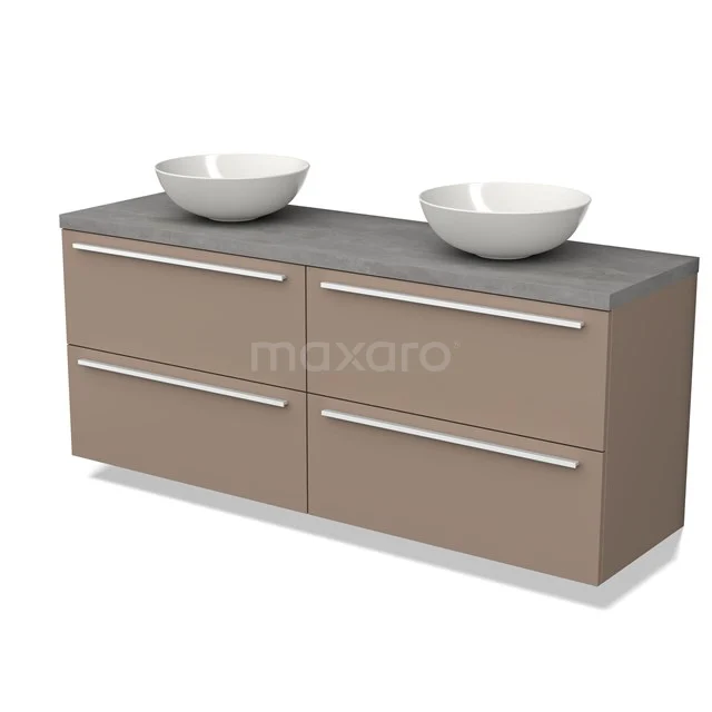 Badkamermeubel taupe met betonnen blad, dubbele waskommen, strak design en vier lades, ideaal voor moderne badkamers.