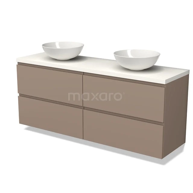 Waschtischunterschrank mit Konsole BMK18-01473 Beige Badmöbel mit vier Schubladen, doppelten weißen Aufsatzwaschbecken und einem klaren Design, ideal für einen modernen Badezimmerstil.
