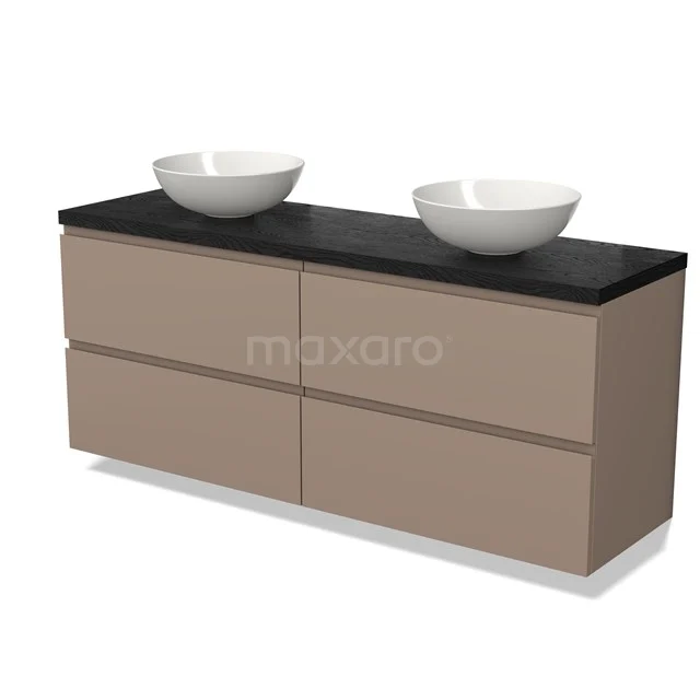 Waschtischunterschrank mit Konsole BMK18-01476 Beige Badmöbel mit vier Schubladen, Schwarz Platte und zwei weißen Aufsatzwaschbecken, modernes Design.
