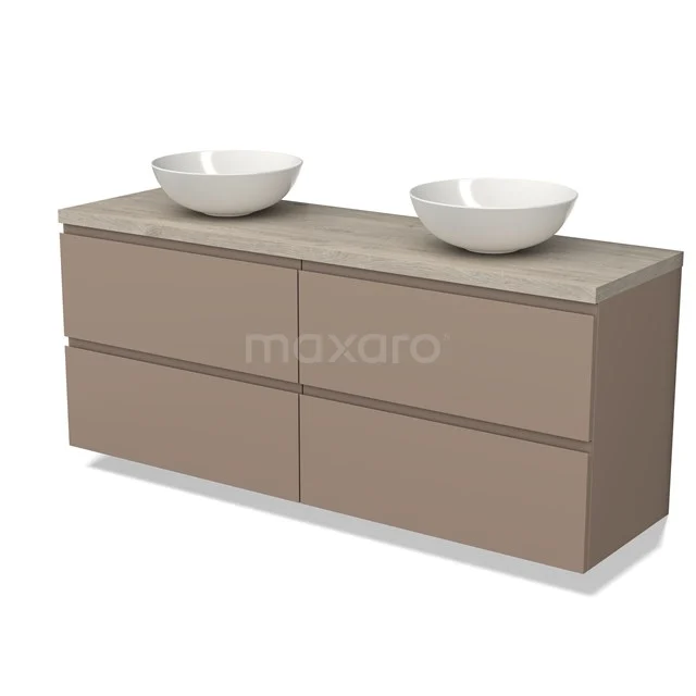 Beige Badmöbel mit vier Schubladen, Natursteine Platte und zwei weißen Aufsatzwaschbecken, modernes Design für stilvolle Bäder.
