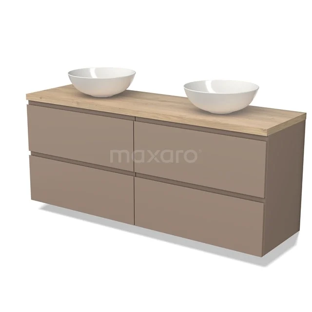 Beige Waschtisch mit Holzplatte und doppelten weißen komförmigen Waschbecken, ideal für moderne Bäder.