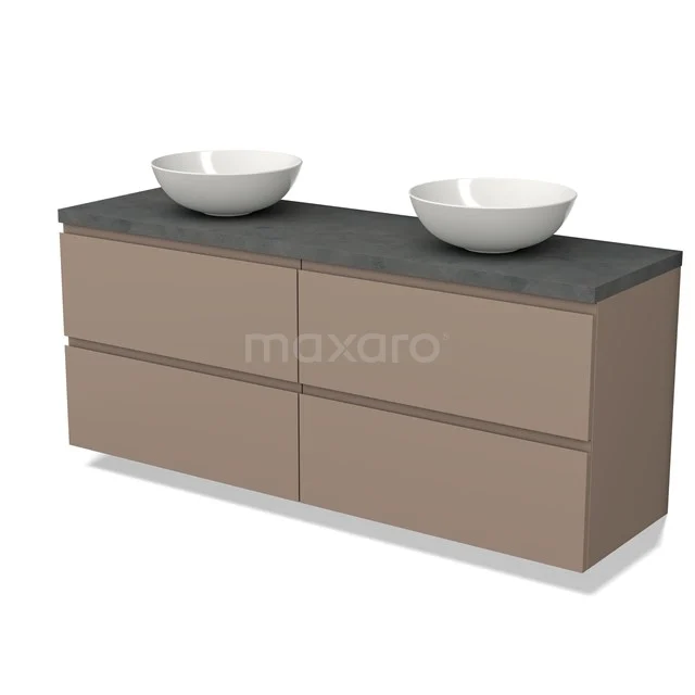 Taupe Badmöbel mit vier Schubladen, Grau Platte und zwei weißen Aufsatzwaschbecken, strakes Design Badschrank für moderne Bäder.