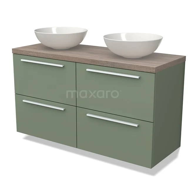 Waschtischunterschrank mit Konsole BMK18-01493 Grüne Badmöbelset mit vier Schubladen, Holzlook Platte und zwei weißen Aufsatzwaschbecken, modernes Design.