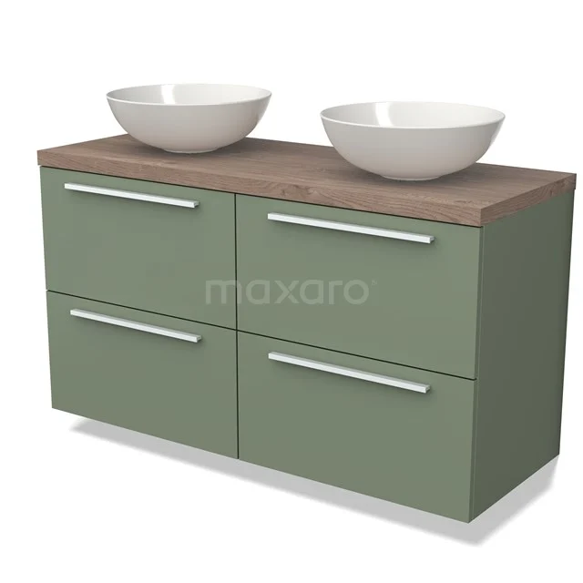 Grünes Badezimmermöbel mit Doppelwaschbecken, Holzlook Platte und vier Schubladen, modernes Design aus nachhaltigen Materialien.