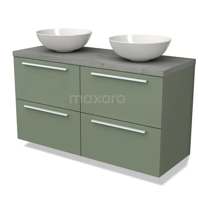 Modulo Plato Vanity units for countertop basin | 120 cm Sage green Flat front Grey oak worktop 4 drawers BMK18-01498