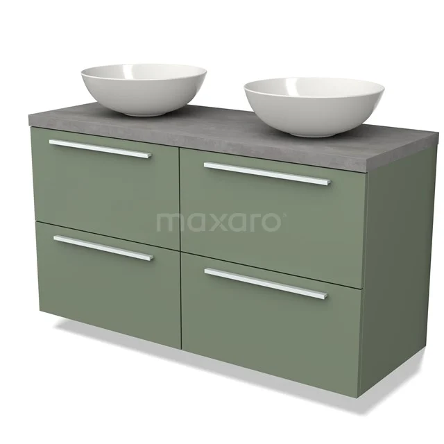 Grünes Badmöbel mit vier Schubladen, grauer Waschtischplatte und doppelten weißen Aufsatzwaschbecken für einen modernen Stil.