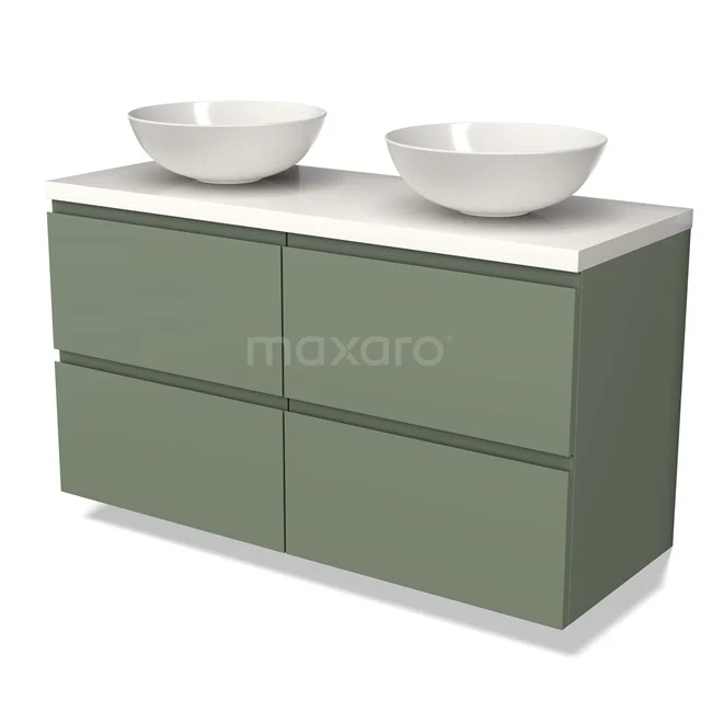 Groen badkamermeubel met vier lades, witte wastafelbladen en keramische waskommen, modern design voor luxe badkamers.