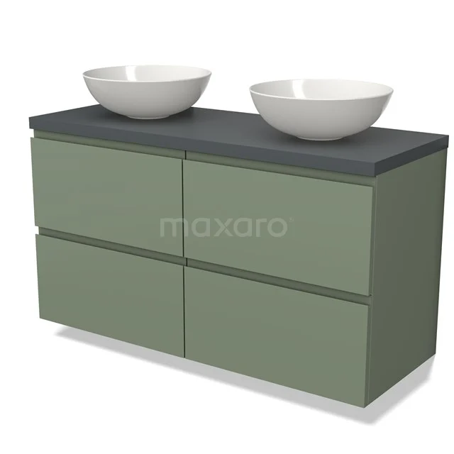 Groen badkamermeubel met vier lades, donker blad en twee witte waskommen, ideaal voor een moderne badkamerinrichting.