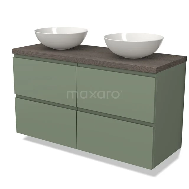 Modulo Plato Vanity units for countertop basin | 120 cm Sage green Handle-less front Dark brown oak worktop 4 drawers BMK18-01514