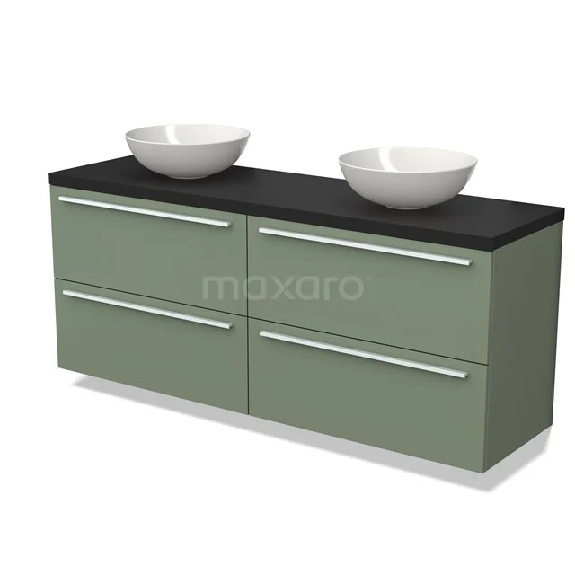 Groene badkamermeubel met zwart blad, dubbele wastafels en vier lades; modern design, ideaal voor stijlvolle badkamers.