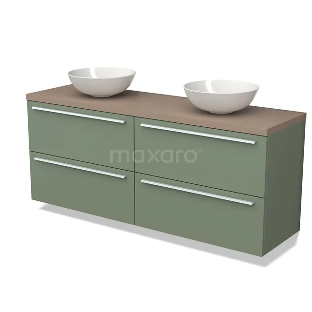 Groene badkamermeubelset met houtlook blad en twee witte waskommen, moderne designopslag voor een stijlvolle badkamer.