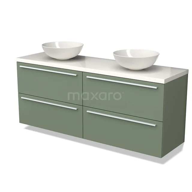 Groene badkamermeubelset met dubbele wastafel, strak design en vier lades, ideale stijlvolle opbergoplossing voor de badkamer.