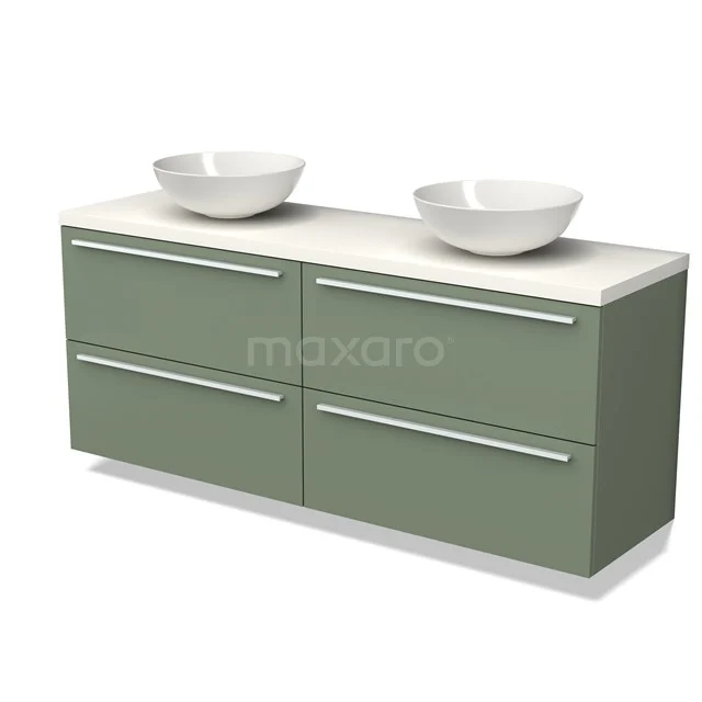 Groene badkamermeubelset met vier lades, witte keramische dubbele wastafel en strak modern design.
