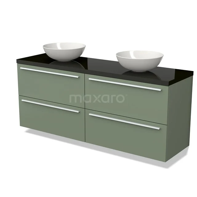 Groene badkamermeubelset met dubbele wastafel, zwart blad en vier lades, modern design, perfect voor een stijlvolle badkamer.