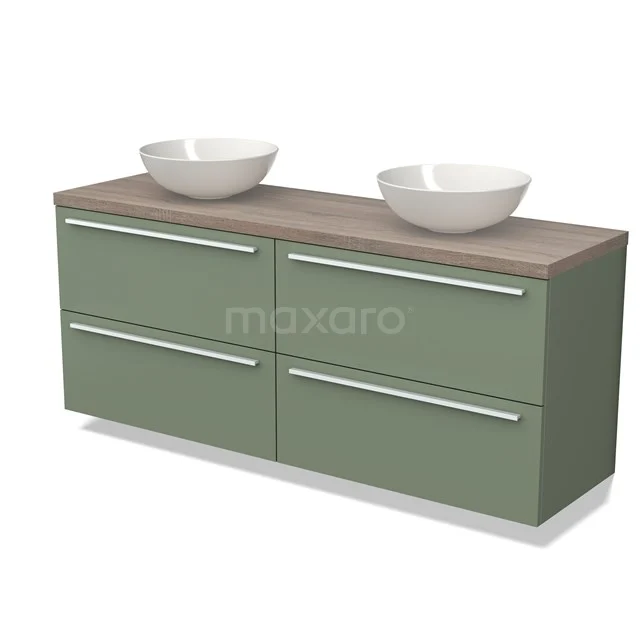 Groene badkamermeubelset met houtlook blad, dubbele waskommen en vier lades, modern design voor stijlvolle badkamers.