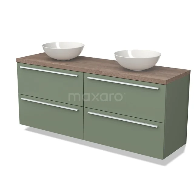 Groene badkamerkast met houten top, vier lades en twee witte opzetwastafels, perfect voor moderne badkamers.