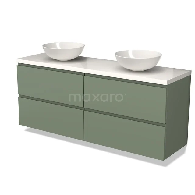 Groen dubbel wastafelmeubel met vier lades, twee witte kommen en een mat wit blad, ideaal voor een moderne badkamerstijl.