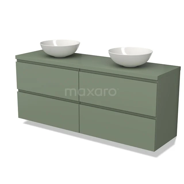 Olijfgroene badkamerkast met 4 lades, moderne afwerking, inclusief twee witte wastafels, perfect voor een stijlvolle badkamer.
