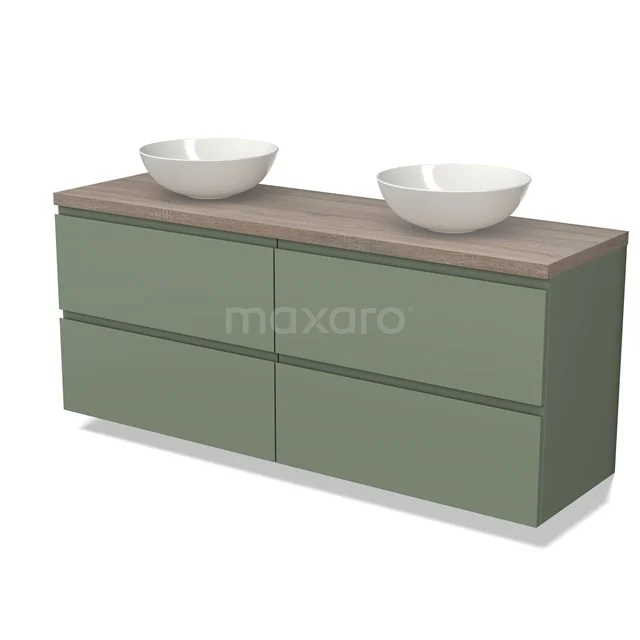 Groen badmeubel met houtlook blad en dubbele ronde wastafels, modern design, ideaal voor een stijlvolle badkamer.