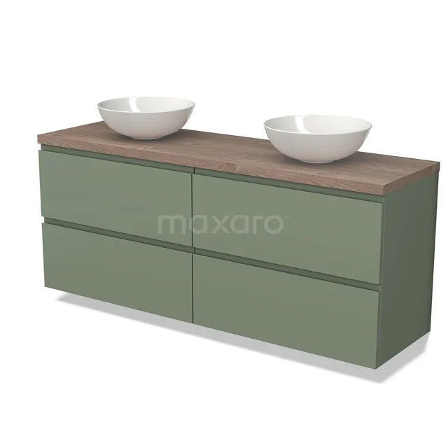 Groen badkamermeubel met houtlook blad, vier lades en dubbele witte waskommen, modern ontwerp voor stijlvolle badkamers.