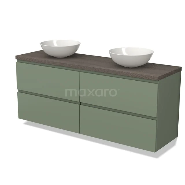 Groen badkamermeubel met houtlook blad, dubbele waskommen en vier lades, perfect voor een moderne badkamerinrichting.