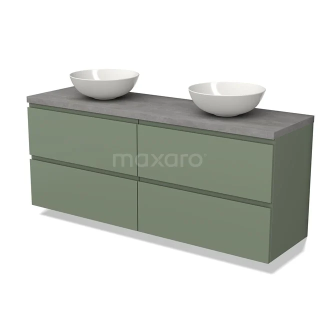 Grünes Badmöbel mit vier Schubladen, grauer Platte und zwei weißen Aufsatzwaschbecken; modernes Design aus nachhaltigen Materialien.