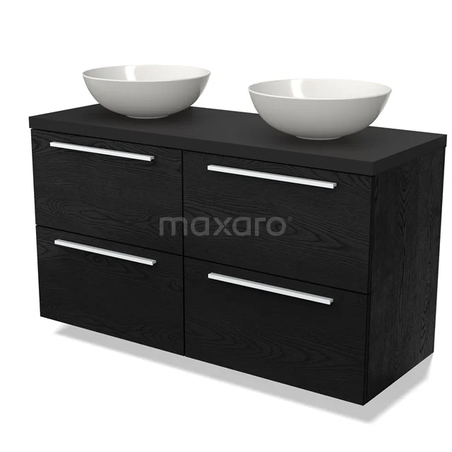 Waschtischunterschrank mit Konsole BMK18-01546 Schwarze Badmöbelset mit zwei weißen Waschbecken, zeitgemäßes Design, Holzfurnier und metallene Haltegriffe, perfekt für moderne Bäder.