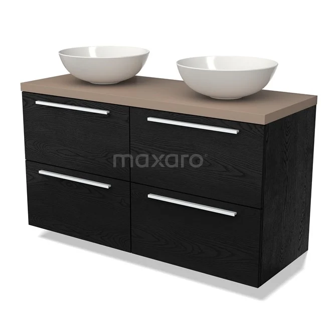 Schwarze Badmöbel mit Holzlook Platte, doppelte weiße Aufsatzwaschbecken und 4 Schubladen, modernes Design für stilvolles Badezimmer.