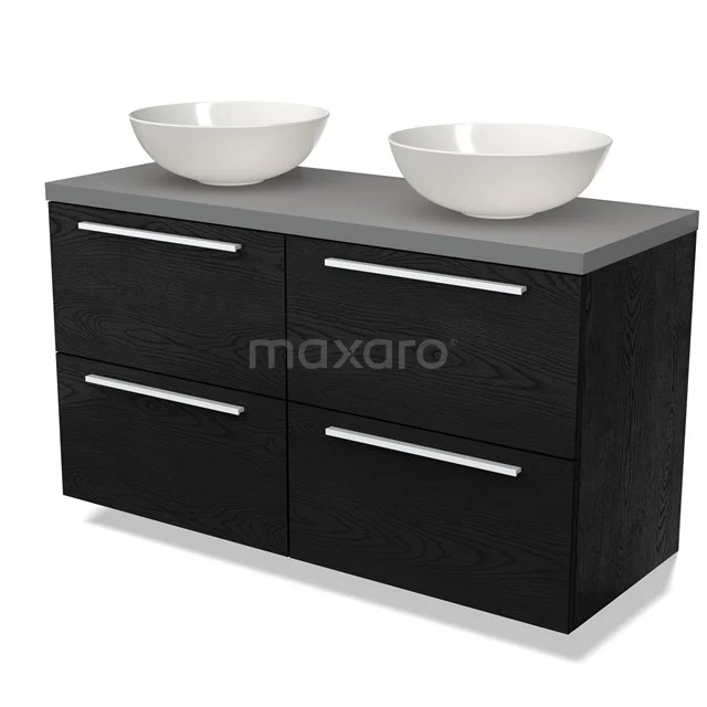 Black bathroom unit with grey top, double white basin bowls and four drawers; modern design for optimal storage space.