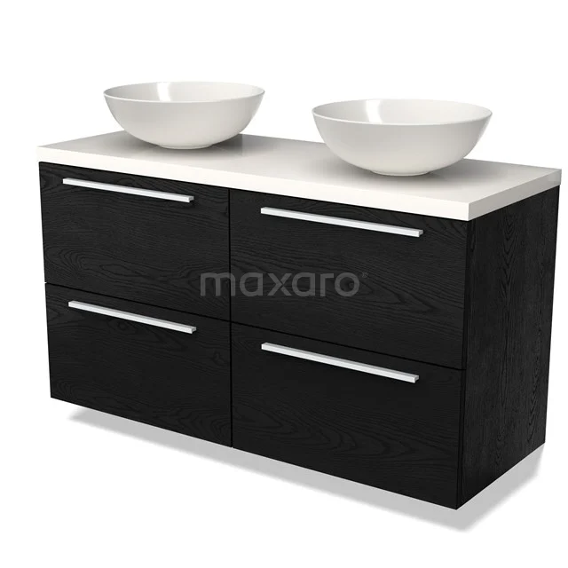 Black bathroom unit with double basin, four drawers and white round wash basins, modern design with sleek handles.